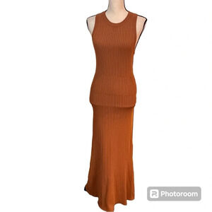 Grey Brown Ribbed Elastic Halter Maxi Dress Sz-XS